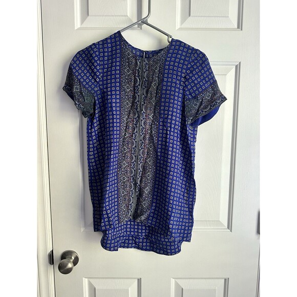 Madewell Size XS 100% Silk Top Blue Geometric Paisley Short Sleeve Blouse - Picture 3 of 5